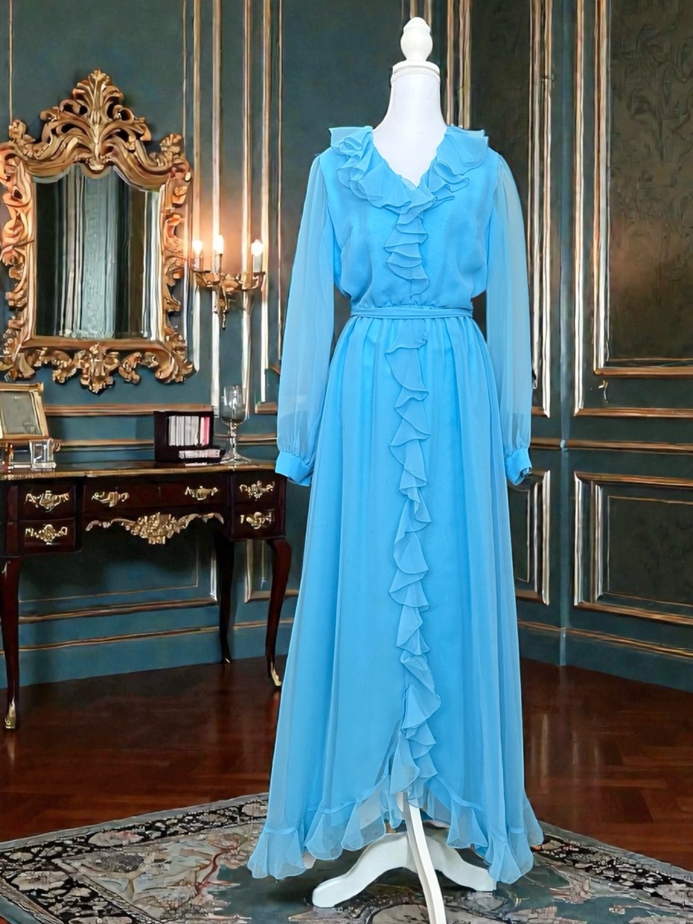 Miss Elliette Vintage Dress Ruffle Chiffon Maxi Blue XS S Small 10